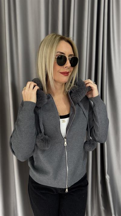 Premium Kürt Detaylı Kapişonlu Gri Triko Hırka