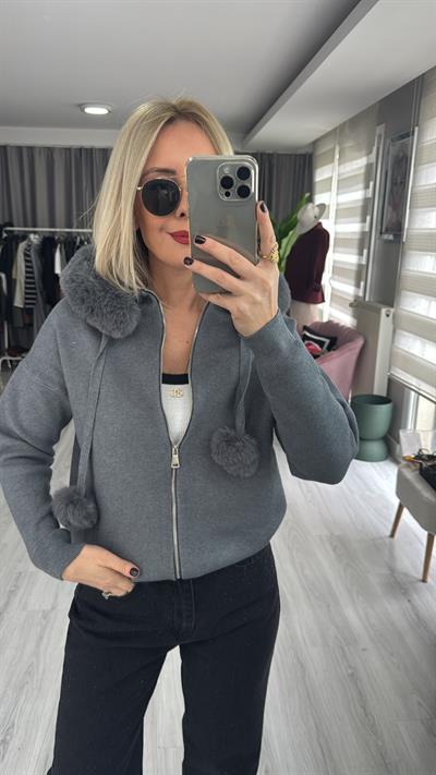 Premium Kürt Detaylı Kapişonlu Gri Triko Hırka