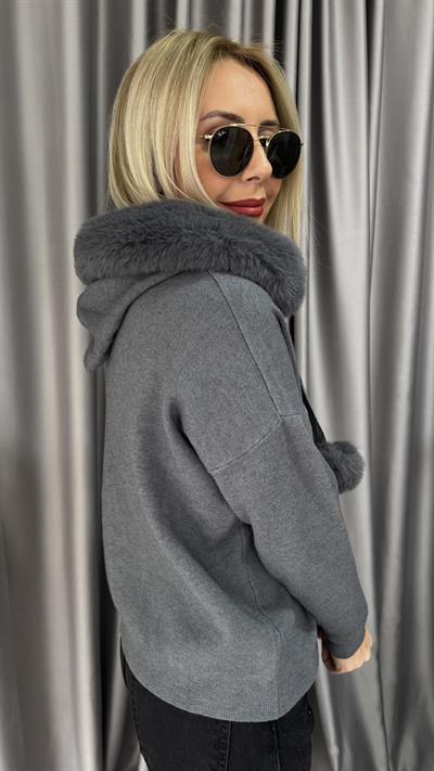 Premium Kürt Detaylı Kapişonlu Gri Triko Hırka