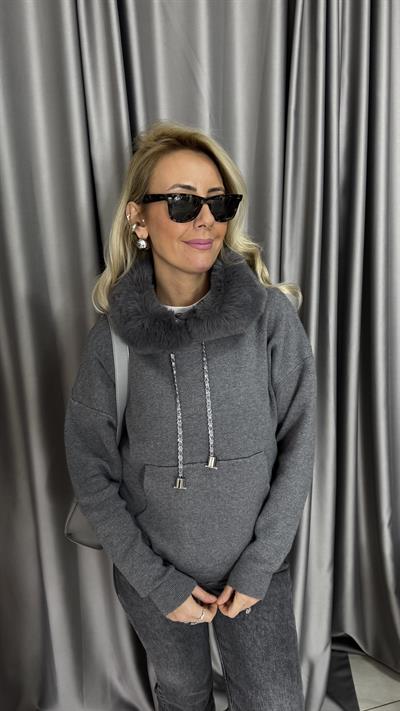 Premium Kürt Detaylı Kapişonlu Gri Triko