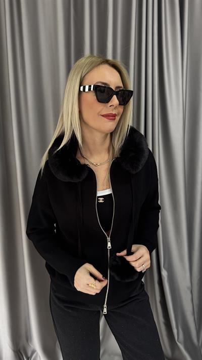 Premium Kürt Detaylı Kapişonlu Siyah Triko Hırka