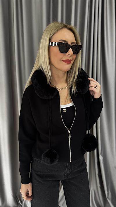 Premium Kürt Detaylı Kapişonlu Siyah Triko Hırka