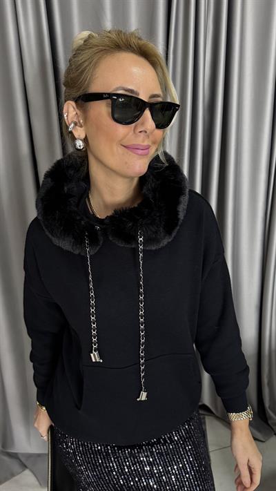 Premium Kürt Detaylı Kapişonlu Siyah Triko