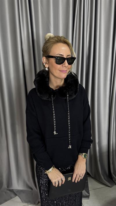 Premium Kürt Detaylı Kapişonlu Siyah Triko