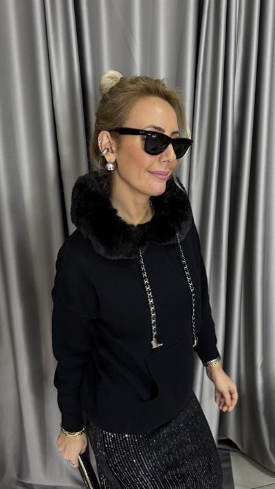 Premium Kürt Detaylı Kapişonlu Siyah Triko