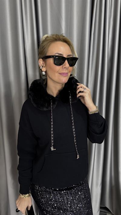 Premium Kürt Detaylı Kapişonlu Siyah Triko