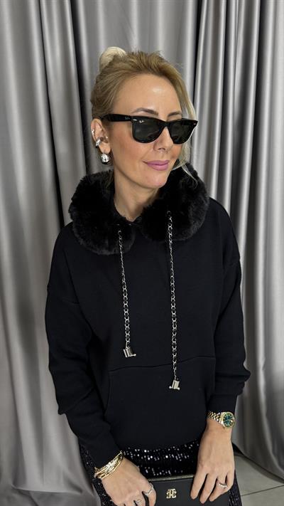 Premium Kürt Detaylı Kapişonlu Siyah Triko