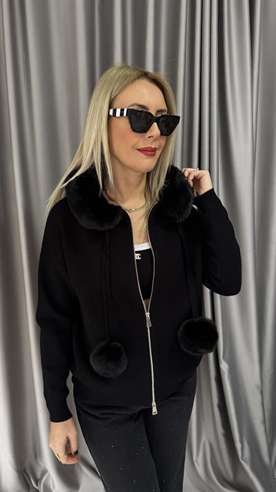 Premium Kürt Detaylı Kapişonlu Siyah Triko Hırka