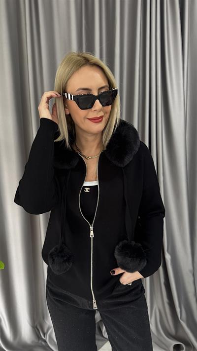 Premium Kürt Detaylı Kapişonlu Siyah Triko Hırka