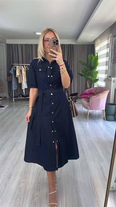 Premium Kuşaklı Lacivert Jean Gömlek Elbise