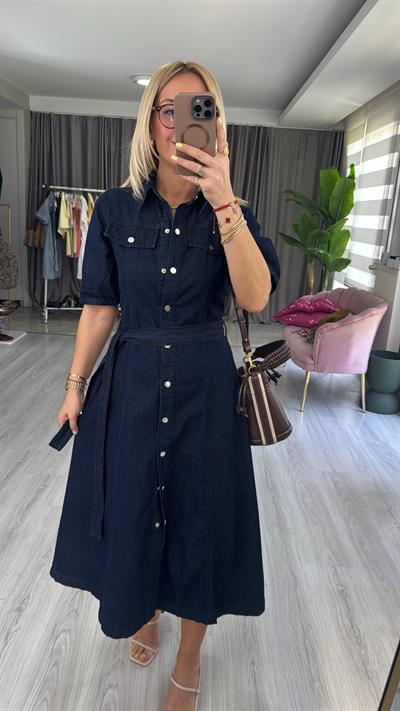 Premium Kuşaklı Lacivert Jean Gömlek Elbise