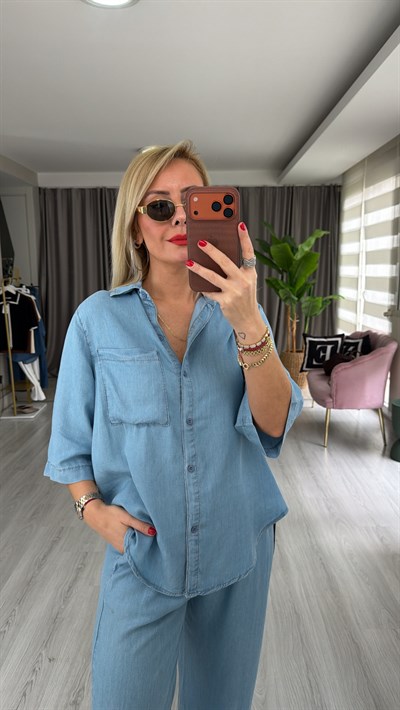 Premium Pamuk Tencel Gömlek Pantolon Açık Mavi Takım
