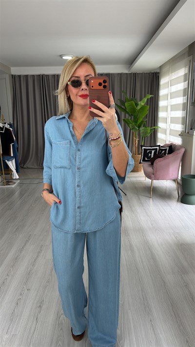 Premium Pamuk Tencel Gömlek Pantolon Açık Mavi Takım
