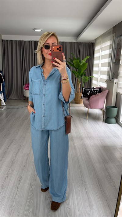 Premium Pamuk Tencel Gömlek Pantolon Açık Mavi Takım