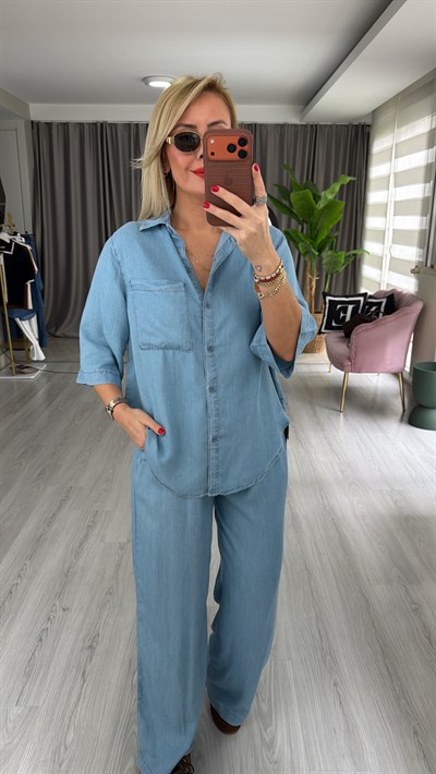 Premium Pamuk Tencel Gömlek Pantolon Açık Mavi Takım
