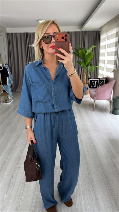 Premium Pamuk Tencel Gömlek Pantolon Mavi Takım