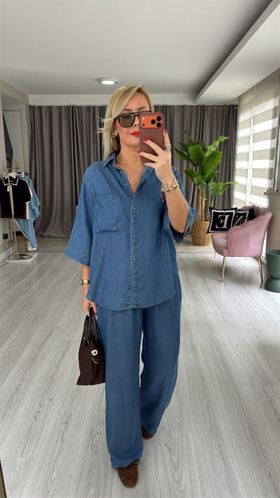 Premium Pamuk Tencel Gömlek Pantolon Mavi Takım