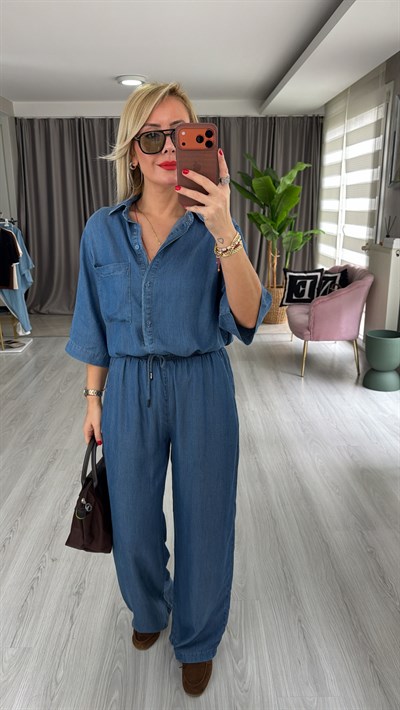 Premium Pamuk Tencel Gömlek Pantolon Mavi Takım