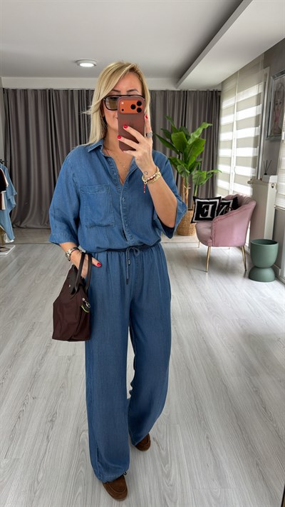 Premium Pamuk Tencel Gömlek Pantolon Mavi Takım