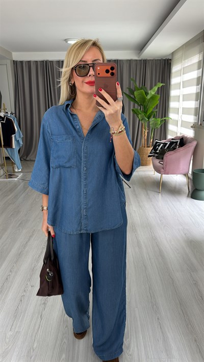 Premium Pamuk Tencel Gömlek Pantolon Mavi Takım