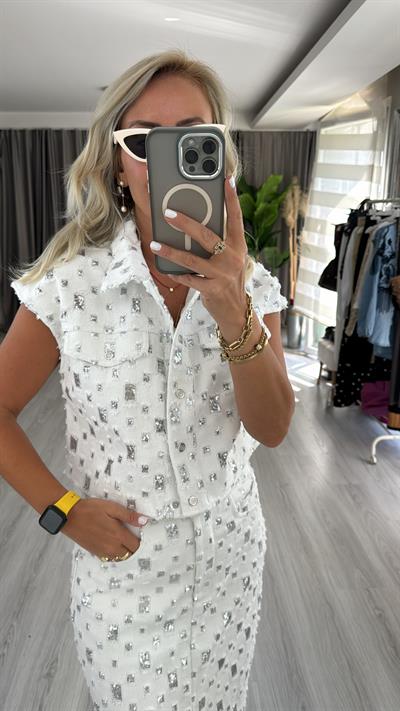 Premium, Payet Detaylı Beyaz Denim Ceket