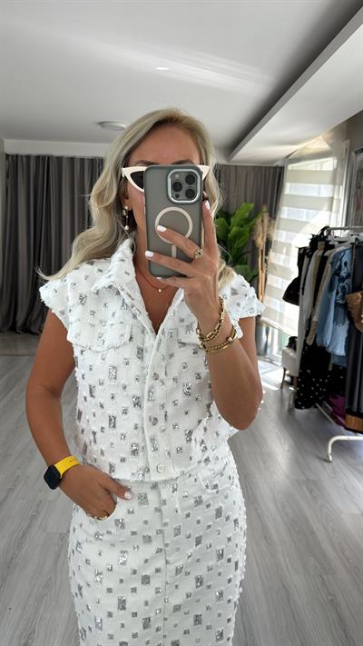 Premium, Payet Detaylı Beyaz Denim Ceket