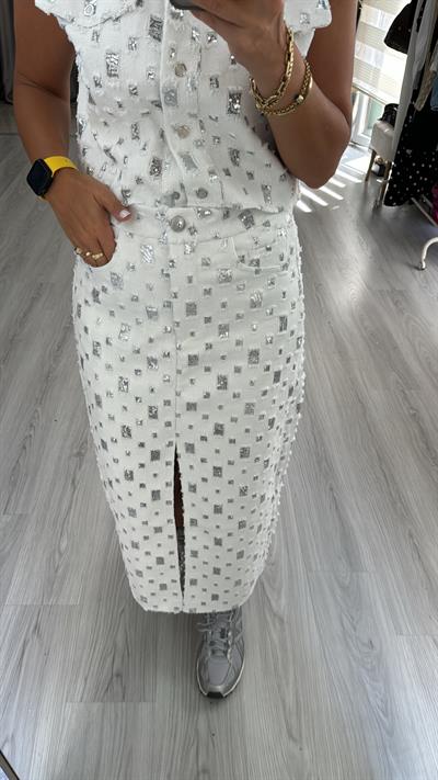 Premium, Payet Detaylı Beyaz Denim Etek