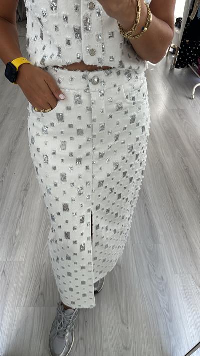 Premium, Payet Detaylı Beyaz Denim Etek