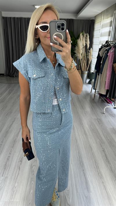 Premium, Payetli Mavi Denim Ceket