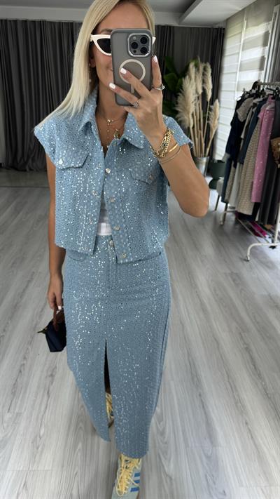 Premium, Payetli Mavi Denim Ceket