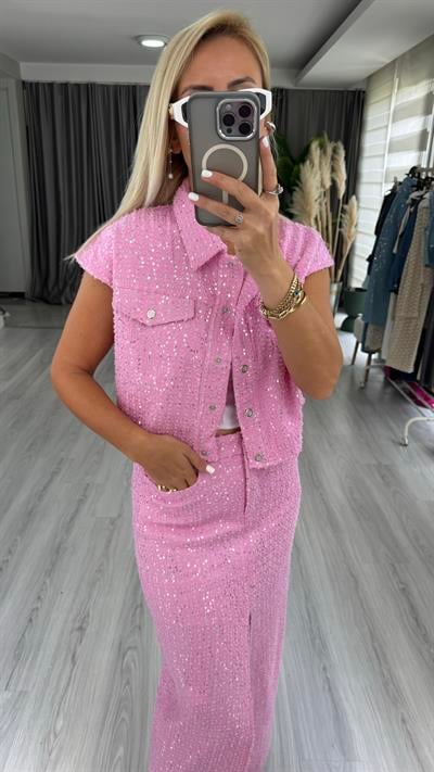 Premium, Payetli Pembe Denim Ceket