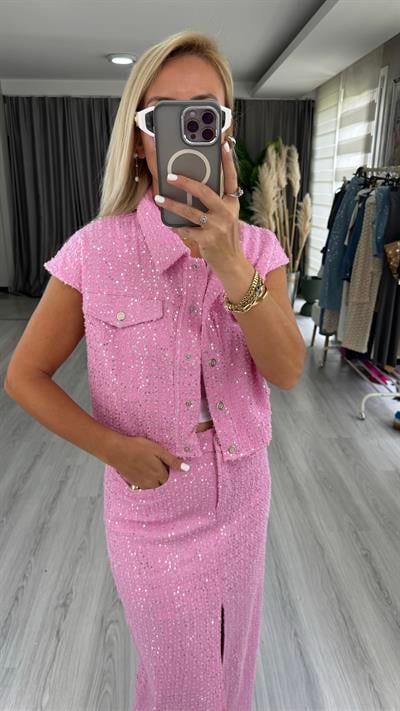 Premium, Payetli Pembe Denim Ceket