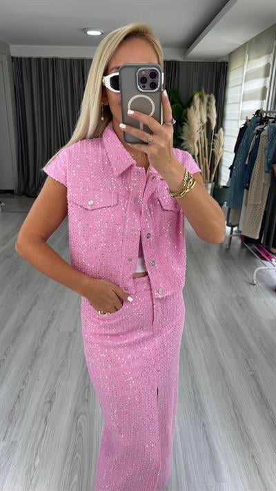 Premium, Payetli Pembe Denim Ceket