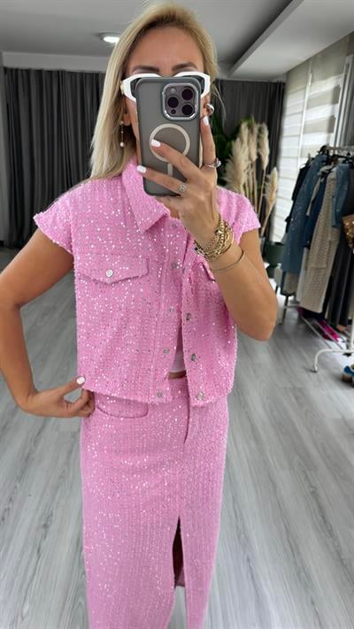 Premium, Payetli Pembe Denim Ceket