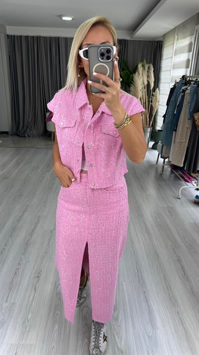 Premium, Payetli Pembe Denim Ceket