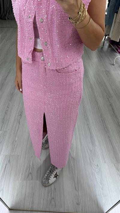 Premium, Payetli Pembe Denim Etek