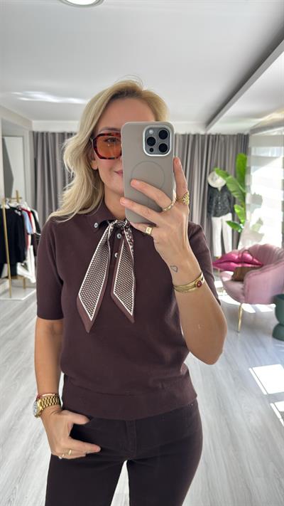 Premium Polo Yaka Fularlı Acı Kahve Triko