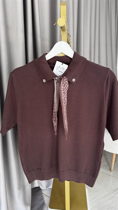 Premium Polo Yaka Fularlı Acı Kahve Triko