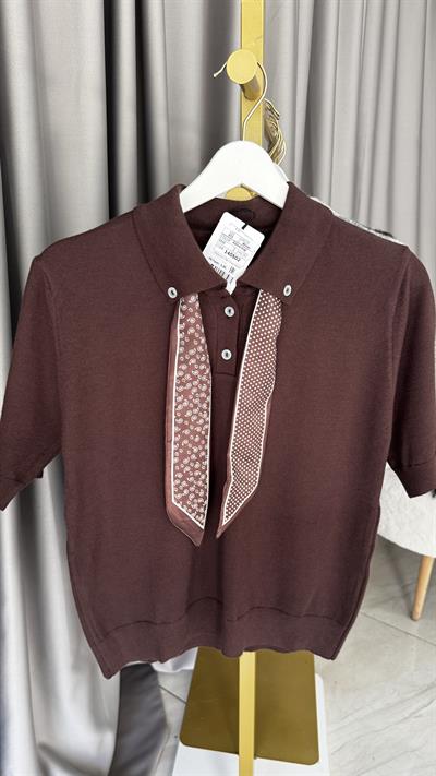 Premium Polo Yaka Fularlı Acı Kahve Triko