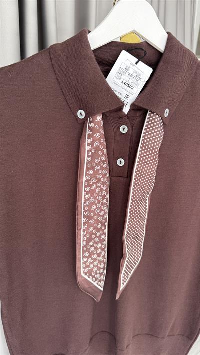 Premium Polo Yaka Fularlı Acı Kahve Triko