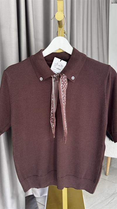 Premium Polo Yaka Fularlı Acı Kahve Triko