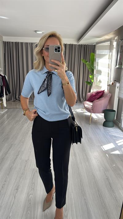 Premium Polo Yaka Fularlı Açık Mavi Triko