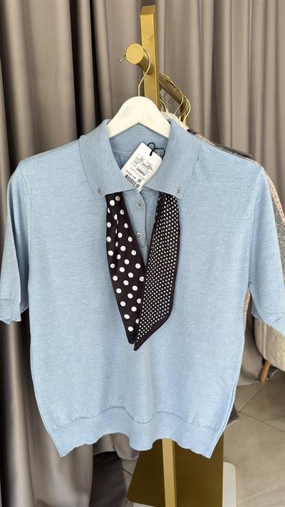 Premium Polo Yaka Fularlı Açık Mavi Triko