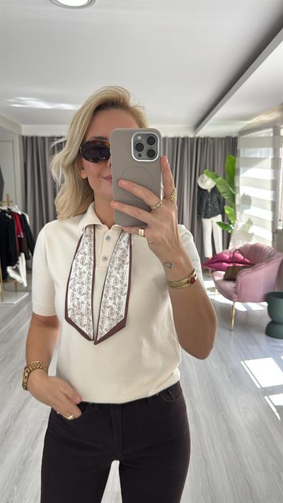 Premium Polo Yaka Fularlı Ekru Triko