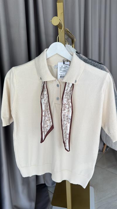 Premium Polo Yaka Fularlı Ekru Triko