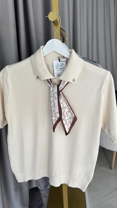 Premium Polo Yaka Fularlı Ekru Triko