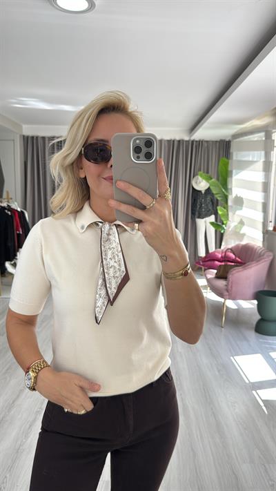 Premium Polo Yaka Fularlı Ekru Triko