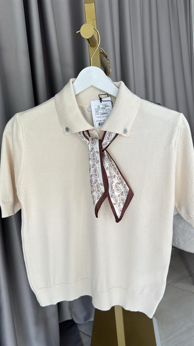 Premium Polo Yaka Fularlı Ekru Triko