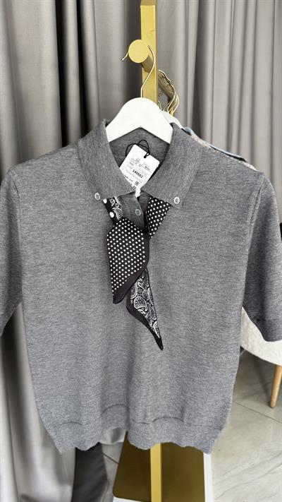 Premium Polo Yaka Fularlı Gri Triko