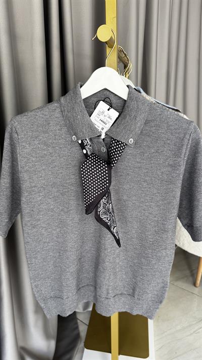 Premium Polo Yaka Fularlı Gri Triko
